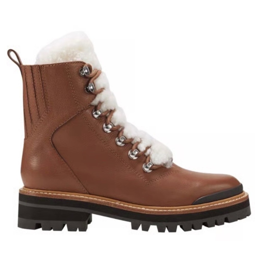 Marc Fisher LTD Cognac Brown Leather Shearling Combat Winter Boots Size 6M NEW